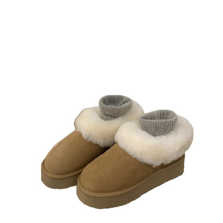 Leather thick-soled gray snow boots women's 2025 new winter fluffy shoes piled and thickened warm versatile cotton shoes