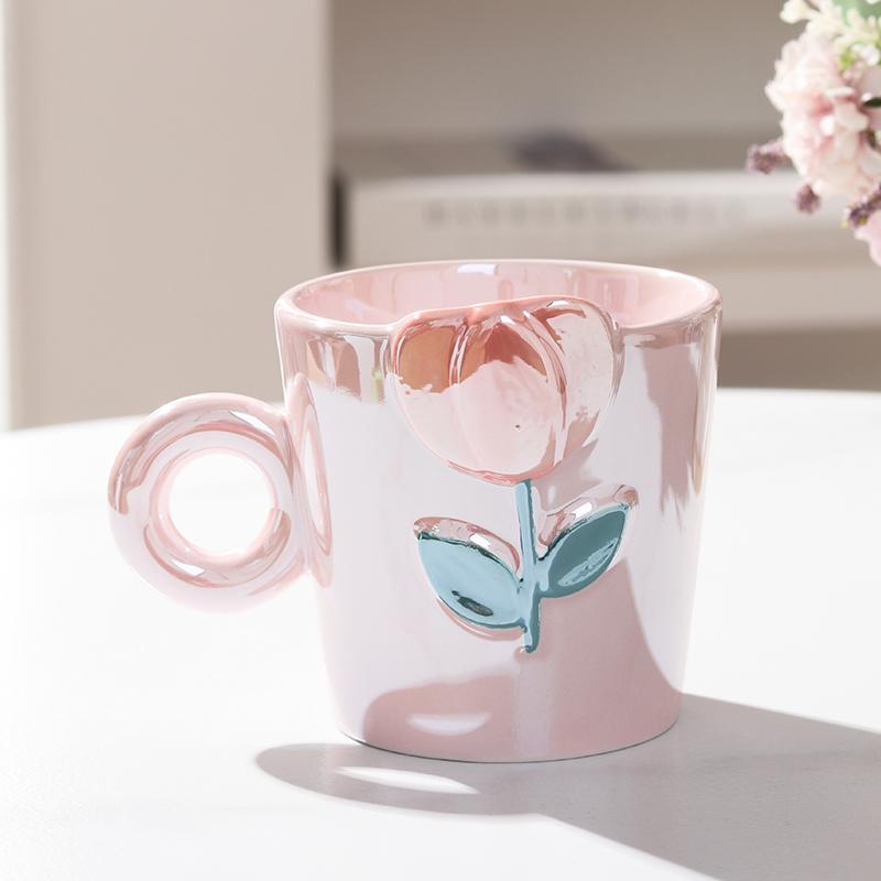 

Творческий цветок керамическая кружка перламутровый тюльпан кофейная кружка красивая чашка для завтрака чашка для напитков бытовая пара чашки для воды 350ML