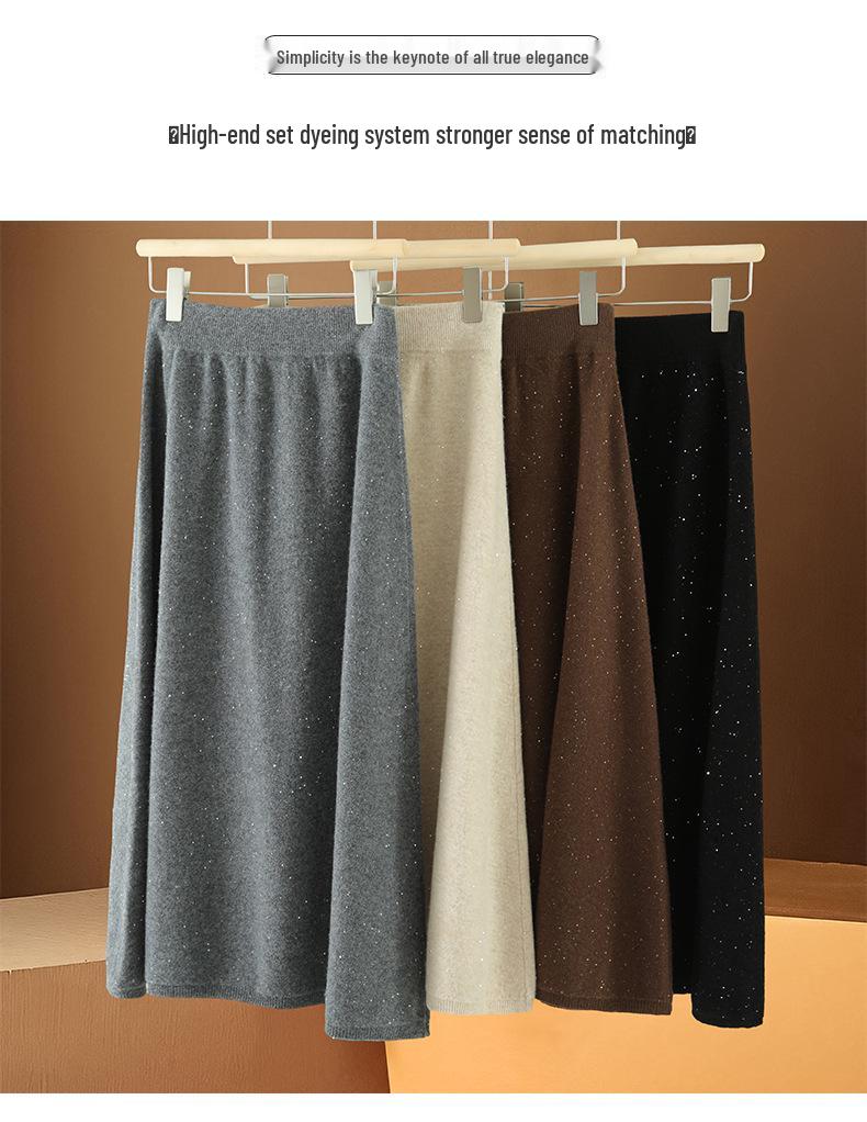 High-Waisted A-line Wool Sequin Umbrella Skirt – Mid-Length Slimming for Autumn/Winter