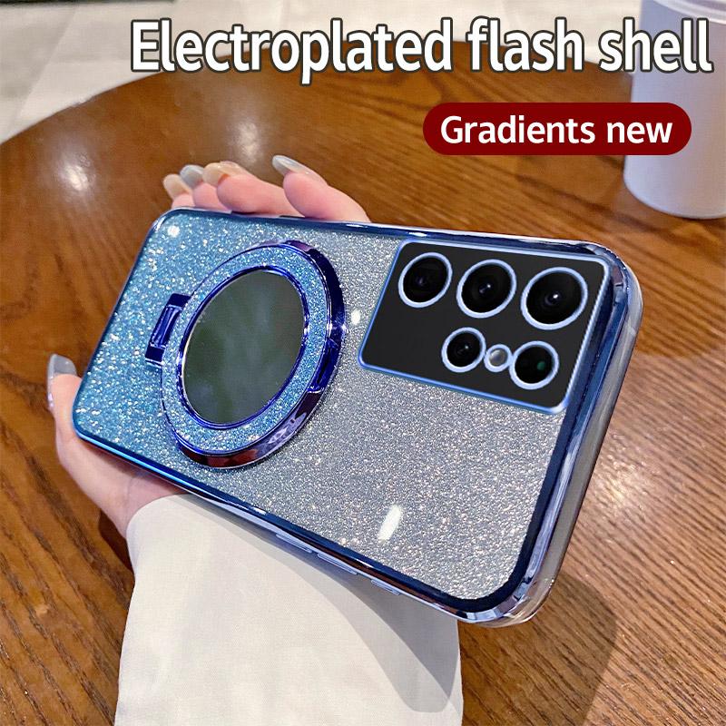 For Samsung Galaxy S22 Ultra Mirror Electroplate Lens Protector Case For Samsung S22 Plus Magnetic Bracket Bumper Glitter Cover