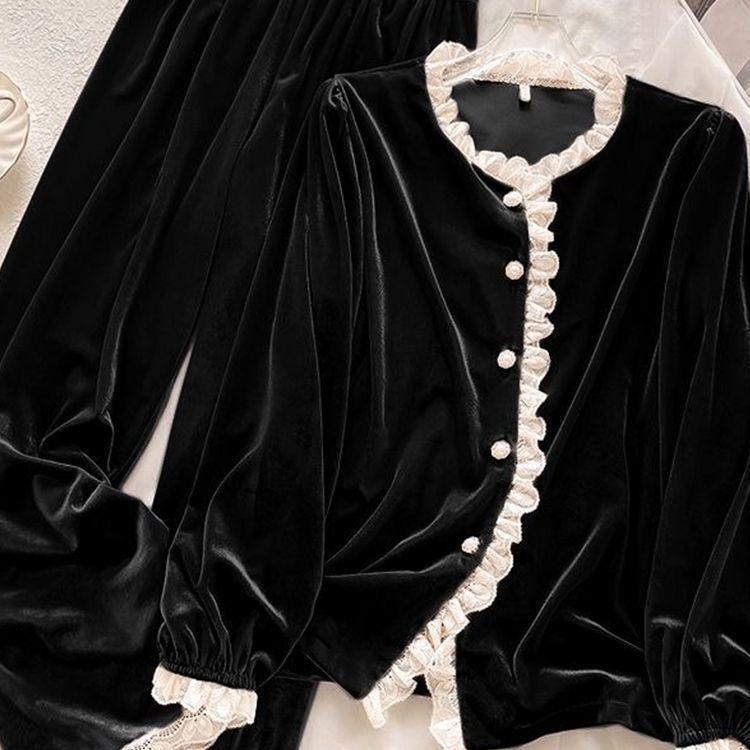 Женский велюровый пижамный комплект Осень Зима С длинным рукавом Однотонный велюровый кардиган Домашняя одежда Комплект из двух предметов M чёрный