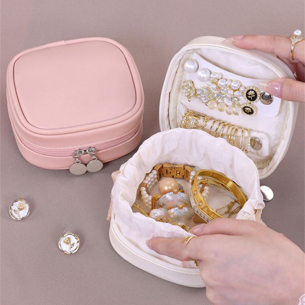 Soft Leather Jewelry Travel Pouch Pull Cord Closure System For Organizing Necklaces Earrings Bracelets Storage Box