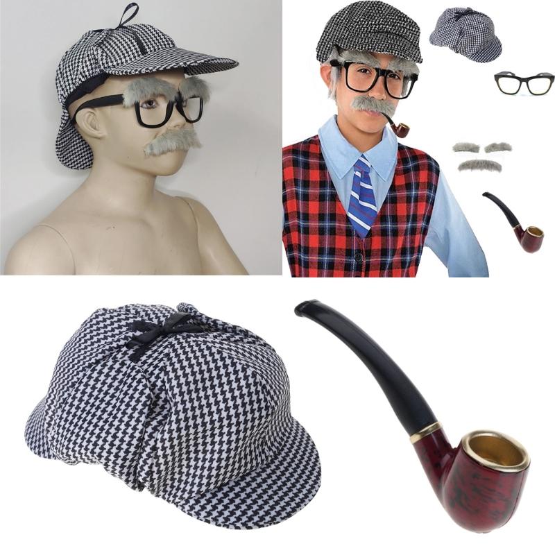 2 Stück Mann Detektiv Kostüm Set Kostüm Pfeife Schwarz-Weißer Hut Detektiv Kostüm Zubehör für Halloween Partys