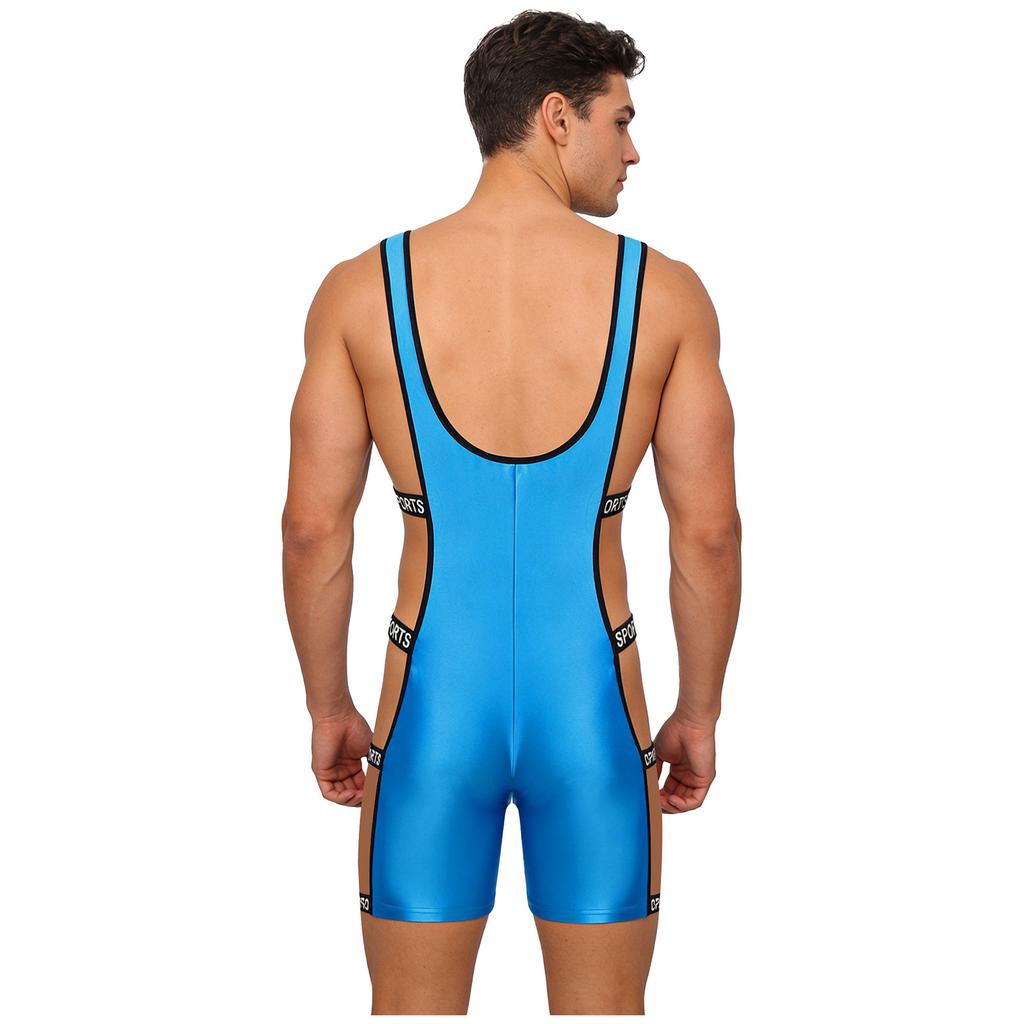 Men‘s Shiny One Piece Swim Bodysuit S-3XL Low Cut Neck Strappy Side Open Elastic Waistband Boxer Bottom for Bodybuilding Pool Training