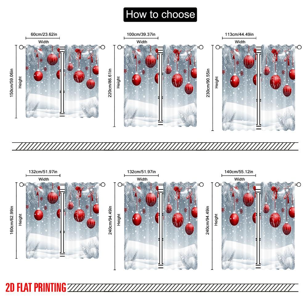 2pcs,2D Plane Printing Creative Curtains Christmas Balls Snow Scene Durable 100% Polyester Fabric (without Rod) Decorations For