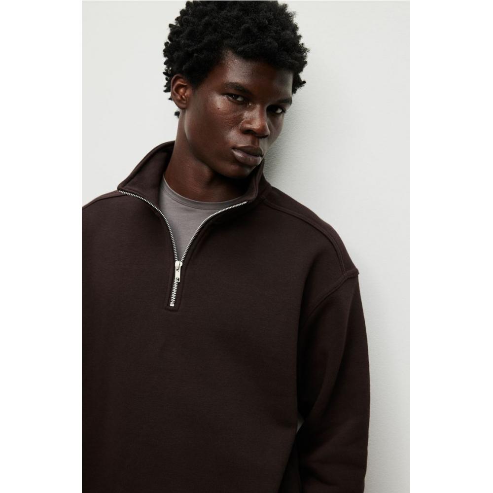 H M Loose Fit Zip Detail sweatsHirt Dark Brown