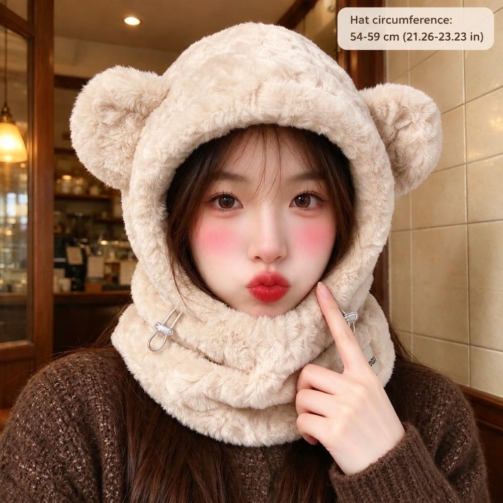 Adjustable Drawstring Hat Scarf Combo Thickened Warm Winter Balaclava Plush Hooded Hat for Women