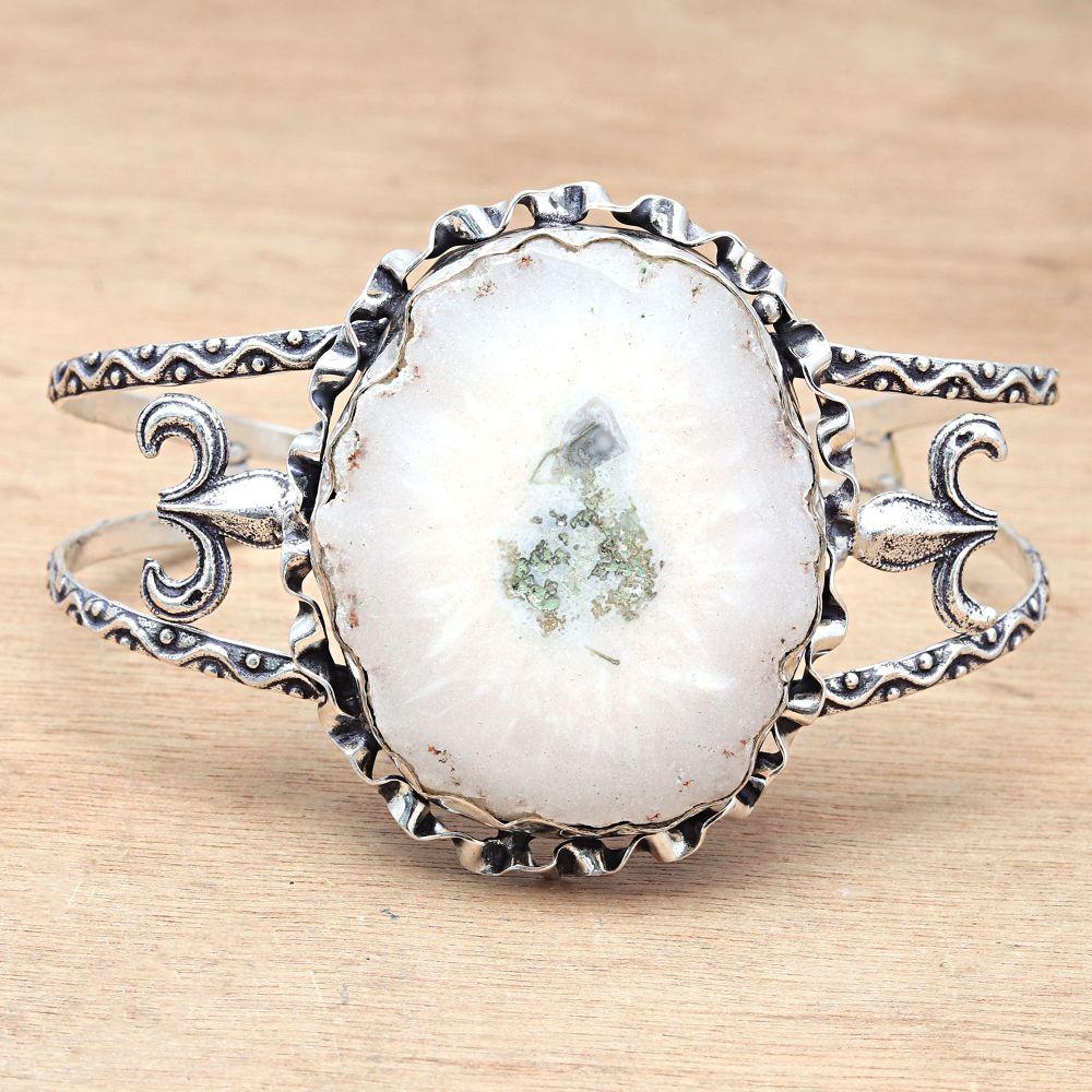 White Solar Quartz Gemstone Silver Jewelry Cuff Bracelets 7''Adjustable