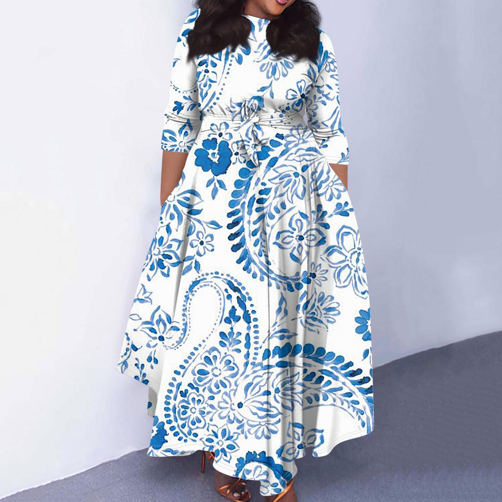 

Женское повседневное модное свободное платье большого размера с градиентным принтом и круглым вырезом, рукавами три четверти, карманными бретелями XXXXXL светло-синий