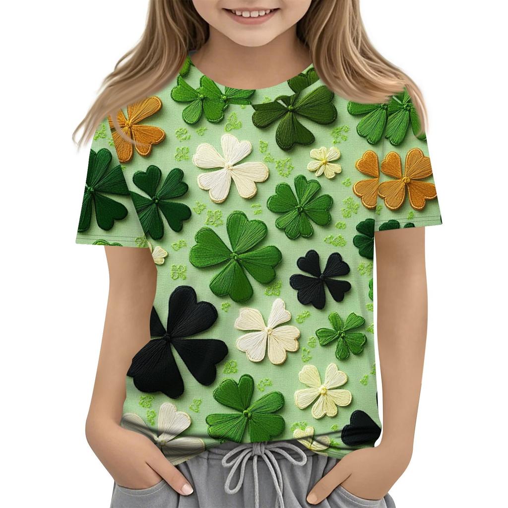 Cut Cartoon Mardi Gras Print T-Shirt Children's T Shirts Kids Girls Clothes Saint Patrick's Day Elsa Series Casual Tops Tees
