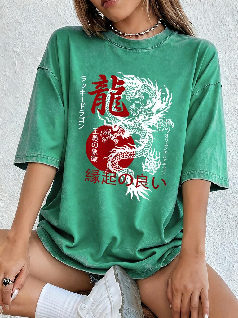 Lucky Oriental Dragon Printed Washed TShirts Womens Cotton Oversize Tops Street Distressed ONeck T Shirt Summer Womens Clothes