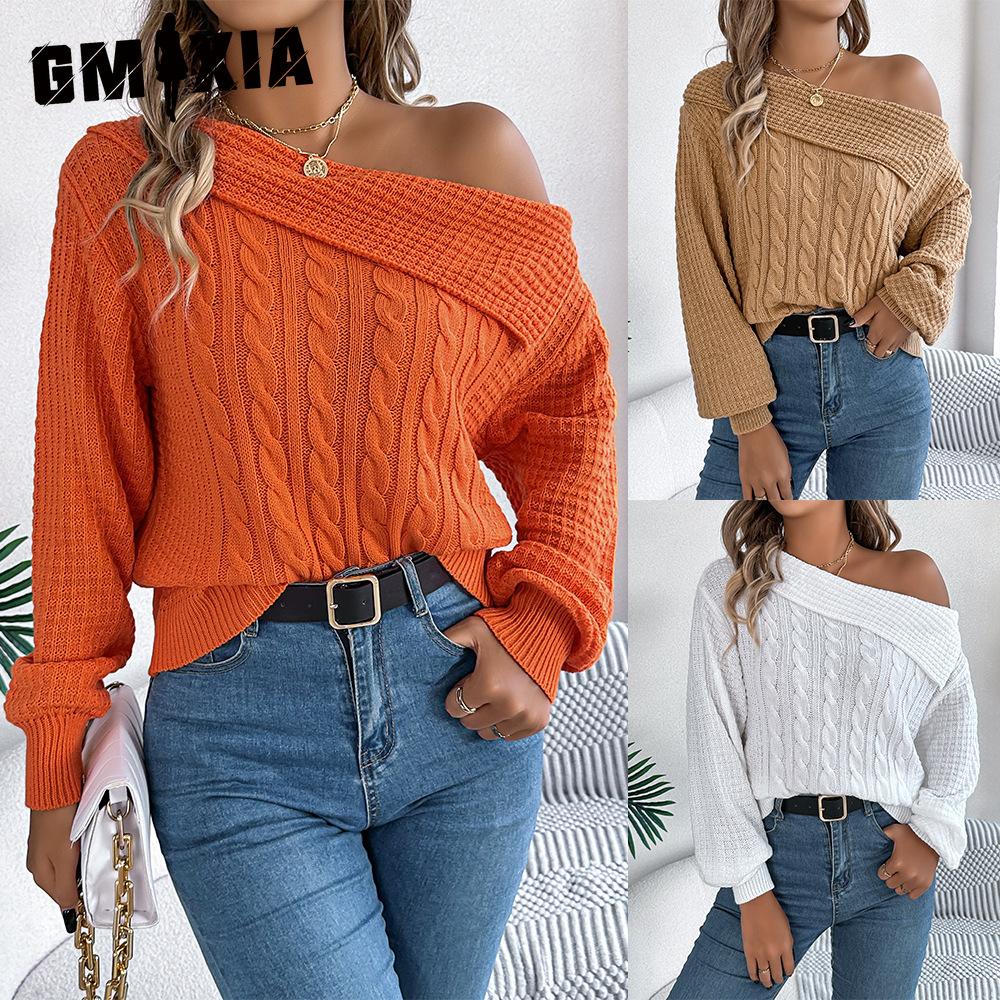 GMXIA Autumn and Winter Casual and Sexy Lapel Off-the-shoulder Brined Long-sleeved Pullover Sweater for Women