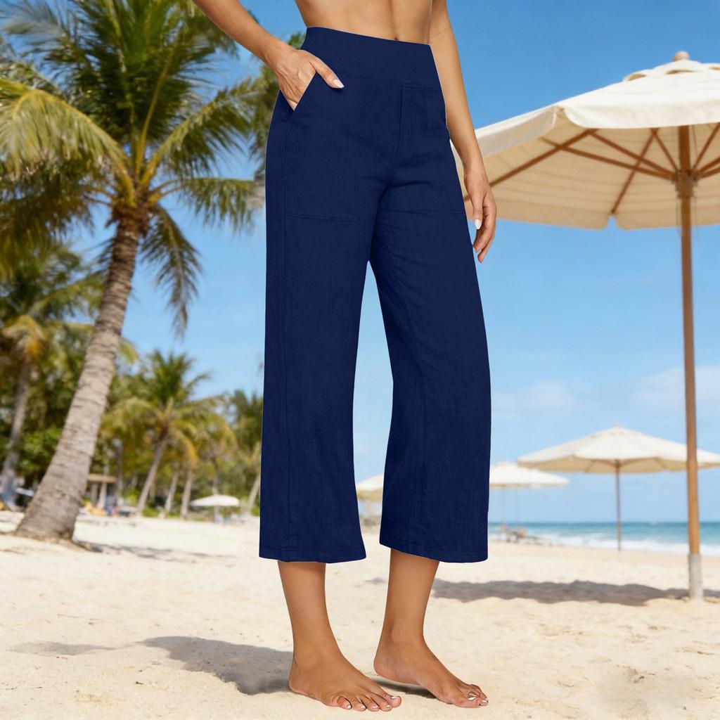 Women's Fashionable Loose-Fit Pocket Cotton-Linen Blend High-Waisted Wide-Leg Pants Casual Cropped Trousers