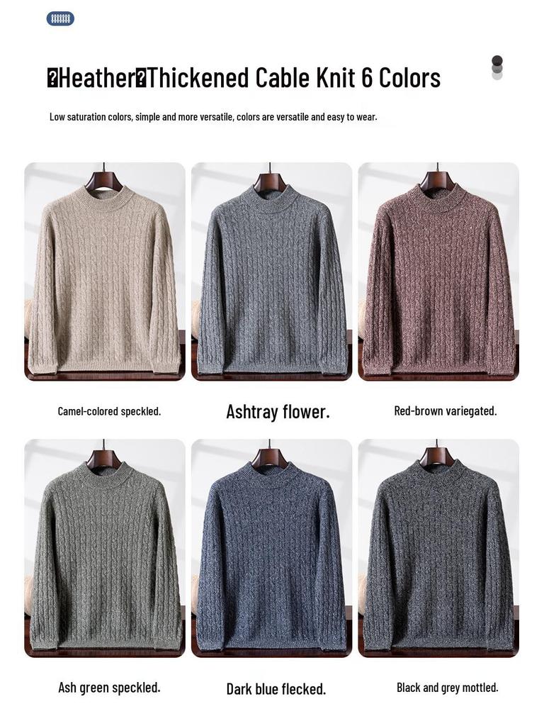 Men's Cashmere Yarn Half-High Collar Cable Knit Loose Casual Sweater - Thick, Warm, Long Sleeve for Winter