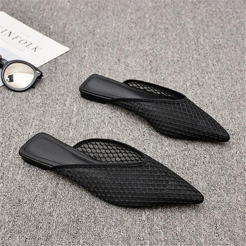 Fashion Women's Pointed Toe Slippers 2024 Summer Designer Mesh Beach Flat Shoes Slides Outside Mules Gladiator Sandals Zapatos De Mujer