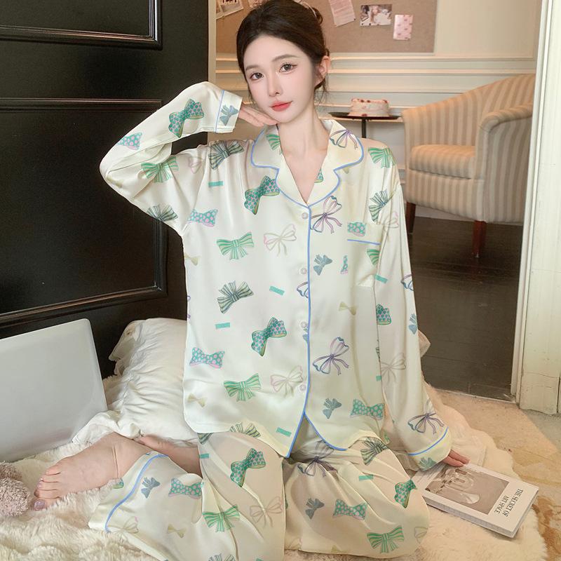 Sweet Bow Print Spring And Autumn Thin Long-Sleeved Suit Cardigan Pajamas Women'S Loungewear Can Be Worn Outside