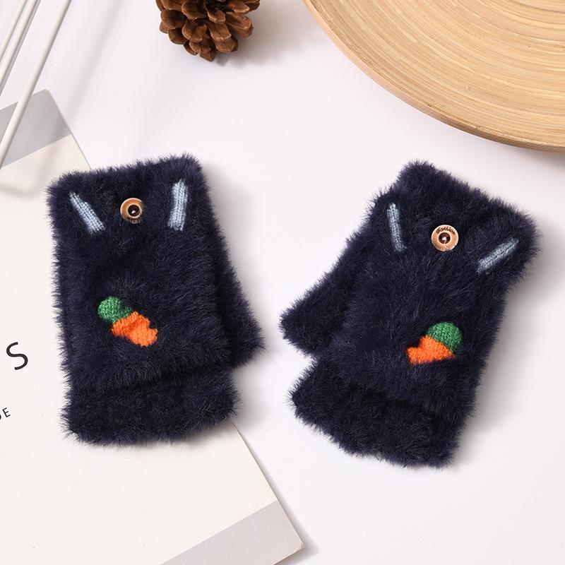 Kids' Cartoon Knitted Flip-Top Fingerless Winter Gloves - Unisex, Warm, Velvet-Lined, Thickened