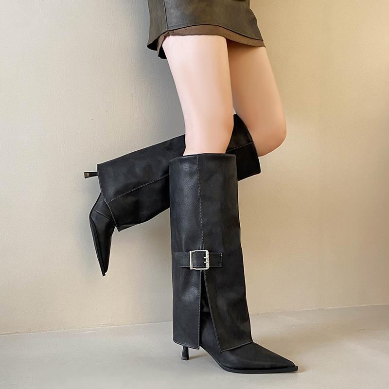 Schlanker Absatz Mittelhohe Stiefel Spitz 2025 Damen Gürtelschnalle Gerades Bein Slim Fit Rutschfest Hohe Absätze