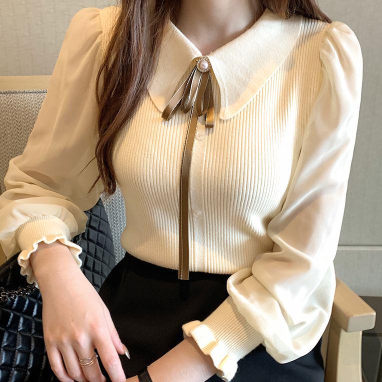 2025 Women's Slim Fit Chiffon Knit Sweater with Peter Pan Collar and Lantern Sleeves