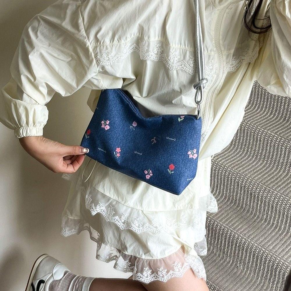 Korean Bow Underarm Bag Blue Women's Handbag Trendy Denim Shoulder Bag Female