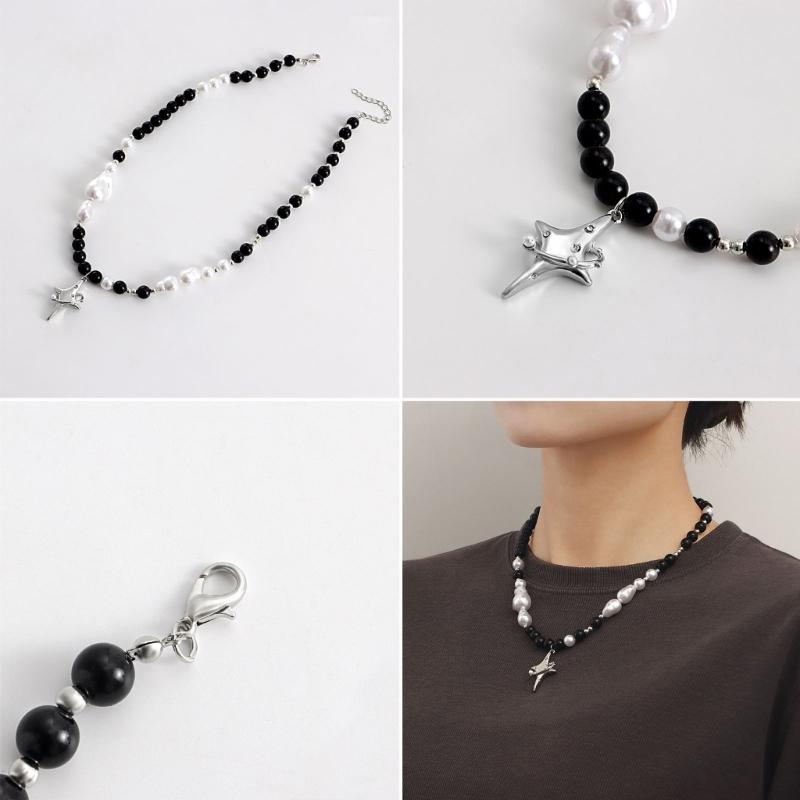 2023 Trend Crossed Star Necklace for Women Vintage Beaded Chain Alloy Necklace Pendants Fashion Aesthetic Y2k Jewelry