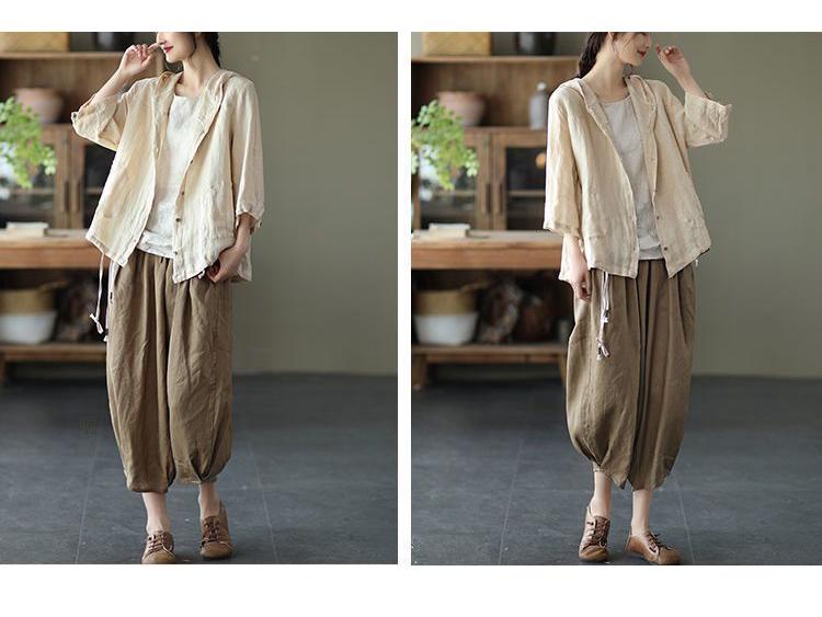 Women's Dopamine Retro Zen Style Elastic Waist Cotton Linen Cropped Harem Pants for Spring Summer