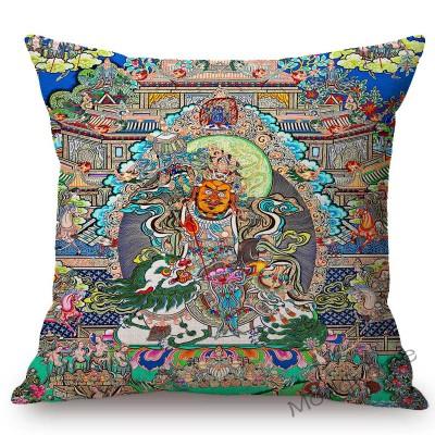 Colorful Blue Buddhism Artwork Bodhisattva Fortune God Sakyamuni Tangka Buddha Painting Sofa Pillow Case Linen Cushion Cover