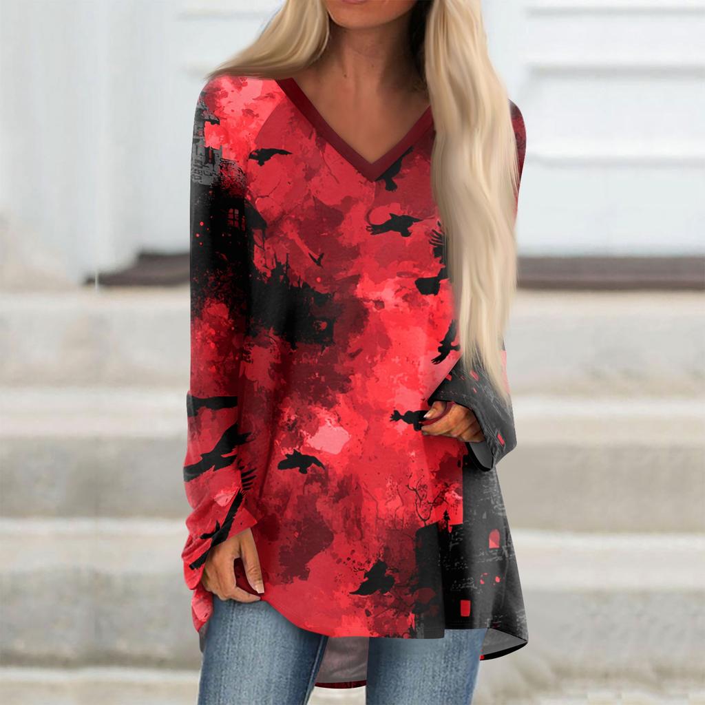Women's Long Sleeve V Neck Tunic with Halloween Graphic Print for Casual Fall Wear
