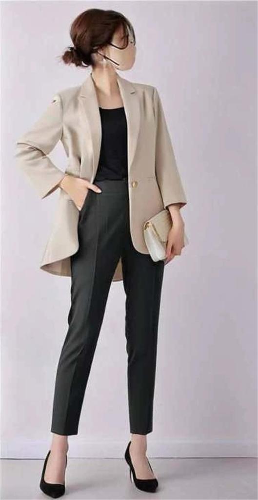 [YUANYUAN] Women's Pantsuit 2-Piece Set: Suit Jacket & Cigarette Pants, Tailored Jacket, Reversible Collar, Back Gathered, Pockets, Adult Cute, Formal