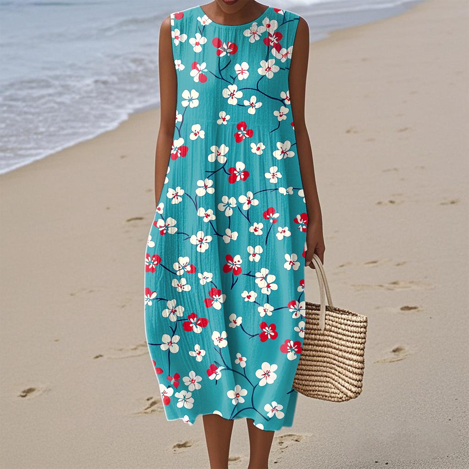 

Жіноча мода Повсякденна Без рукавів Круглий виріз Квіткова Елегантна Темпераментна Сукня L ціан