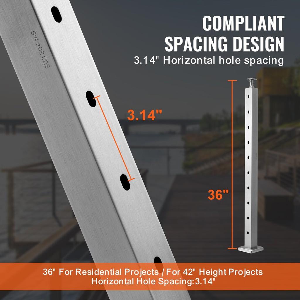 Cable Railing Post 36x2x2in Horizontal Hole Deck Railing Post Silver 1Pack