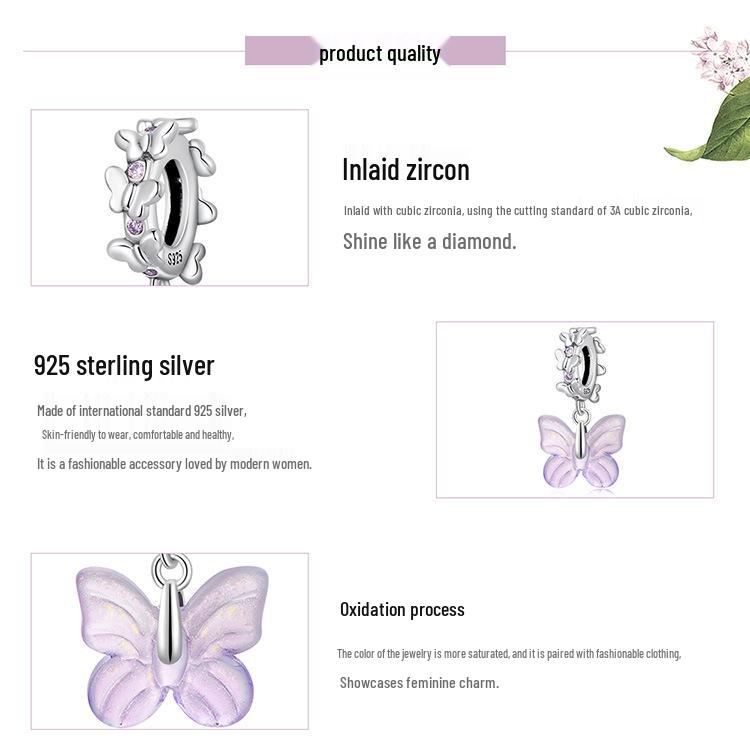 Everjoy S925 Sterling Silver Glass Butterfly Pendant & Insect Charm Bracelet