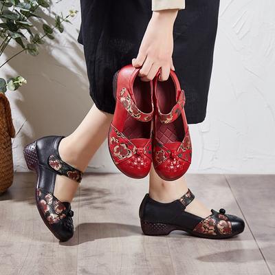 Leather Women's Shoes Retro Woven Mother Shoes Medium and Old Four-season Single Shoes Thick Heel Comfortable Women's Leather Shoes