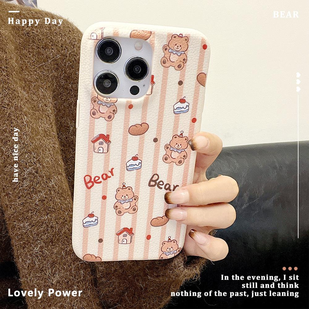 Cute Bear Soft Shell Suitable for IPhone16 Leather Pattern Mobile Phone Case Apple 15 Protective Case 14 13 Full Cover Shell