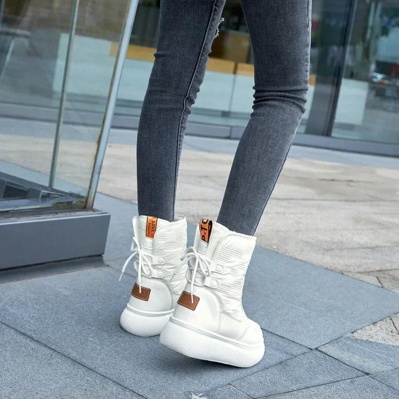 Móda Teplé Kotníkové Kozačky s Kožíškem Dámské Sněhule Platforma Pu Krátké Kožené Kozačky Zimní Hrubé Plyšové 2024 Bílé Botas Mujer 40