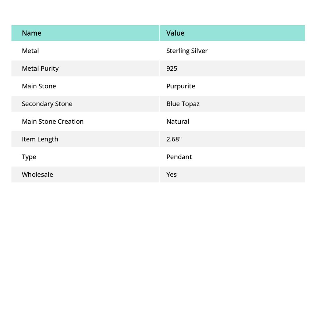 Purpurite, Blue Topaz 925 Sterling Silver Jewelry Pendant 2.68" M5v17