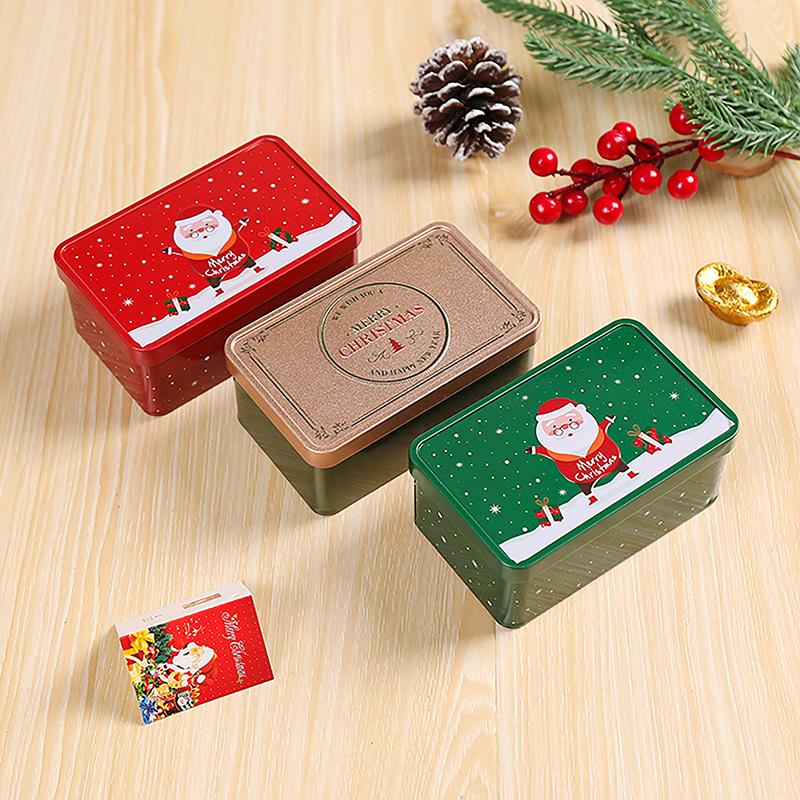 1Pc Christmas Square Tinplate Can Candy Box Gift Storage Box Biscuit Can Metal Can Home Storage Box Xmas Candy Cans Kids Gift