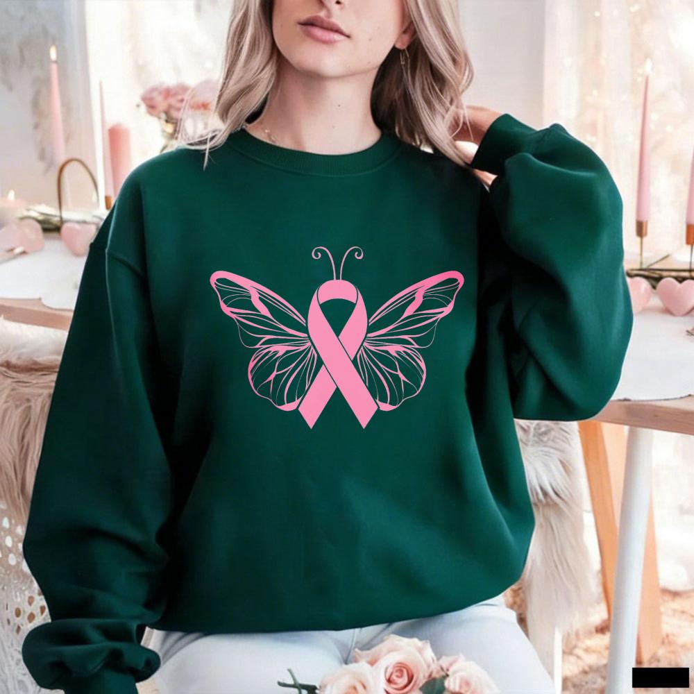 Pink Ribbon Outline Butterfly Crewneck Sweatshirt Women Breast Cancer Awareness Minimal Graphic Casual Ladies Pullover Sweat Top
