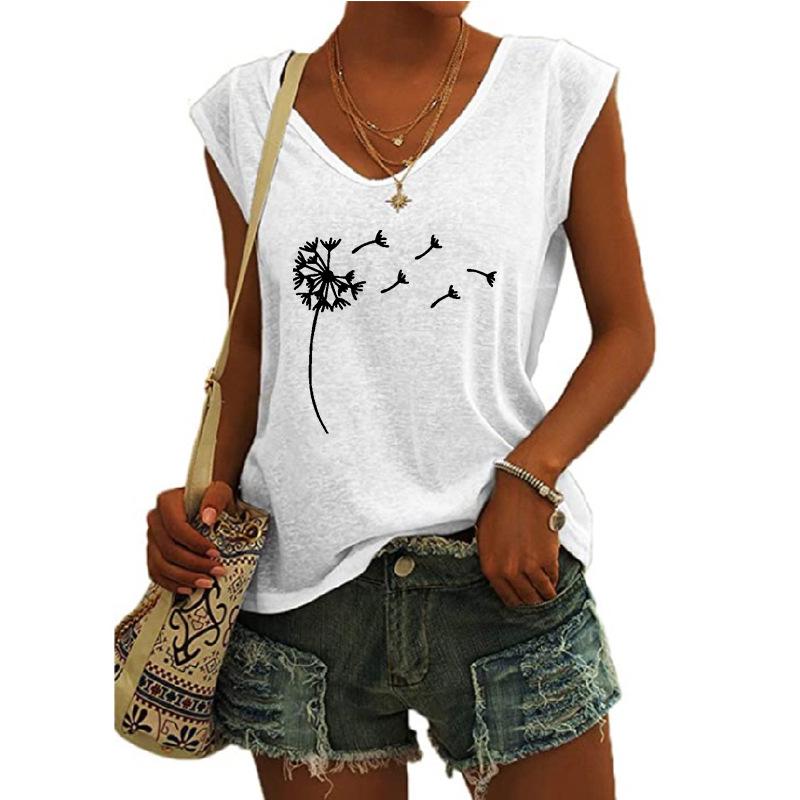 2023 Trendy Women's V-neck Print Cap Sleeve Loose T-shirt Top