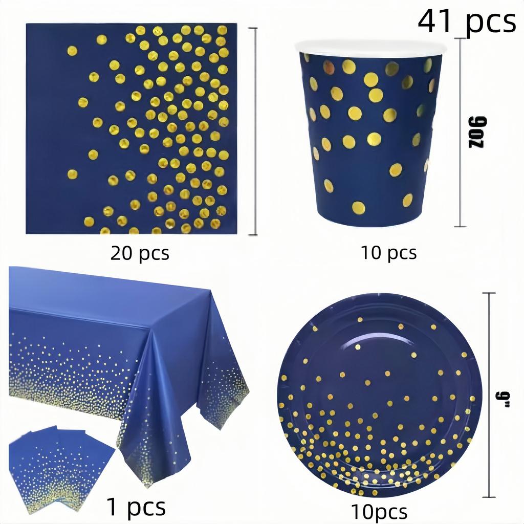 Dark Blue Party Decorations with Gold Dot Pattern Include Scalloped Plate Napkins Cups Banners for Baby Shower Wedding Birthday