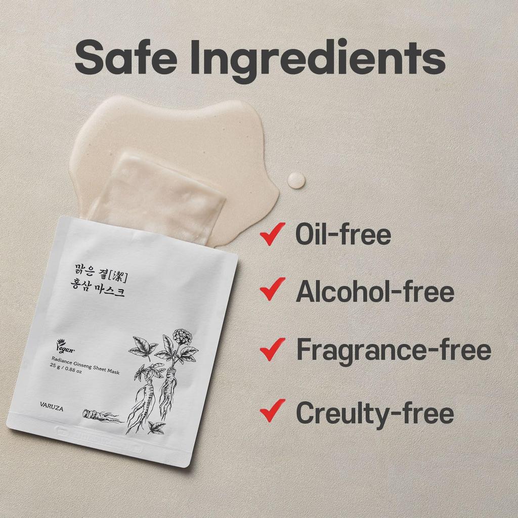 Máscara Facial Varuza Clear Skin Ginseng Vermelho Formulado com Extrato de Ginseng Vermelho Coreano Máscara de Folha Altamente Hidratante para uma Pele Mais Radiante Nutritivo Rosto