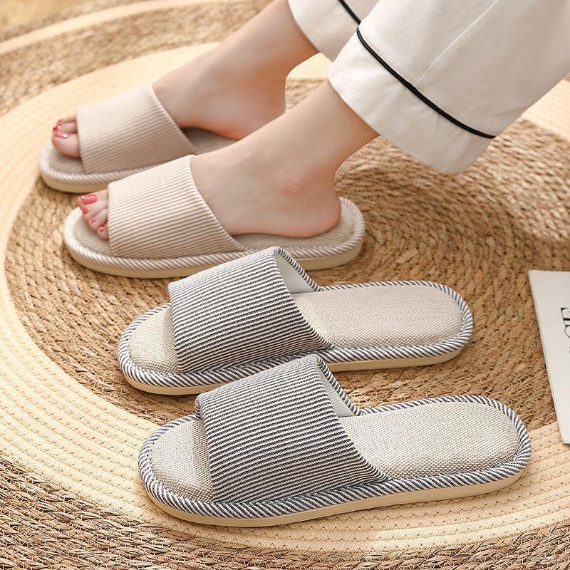 Japanese linen slippers spring and autumn men's stripes breathable indoor silent home non-slip four seasons cotton and linen slippers men's summer