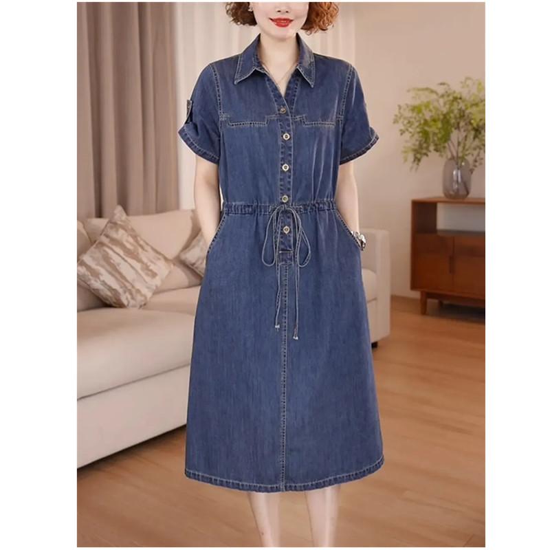 Denim-Kleid für Damen Sommer Damen Einreiher Kurzarm Schlank Temperament Lässige Kleider mit Taschen
