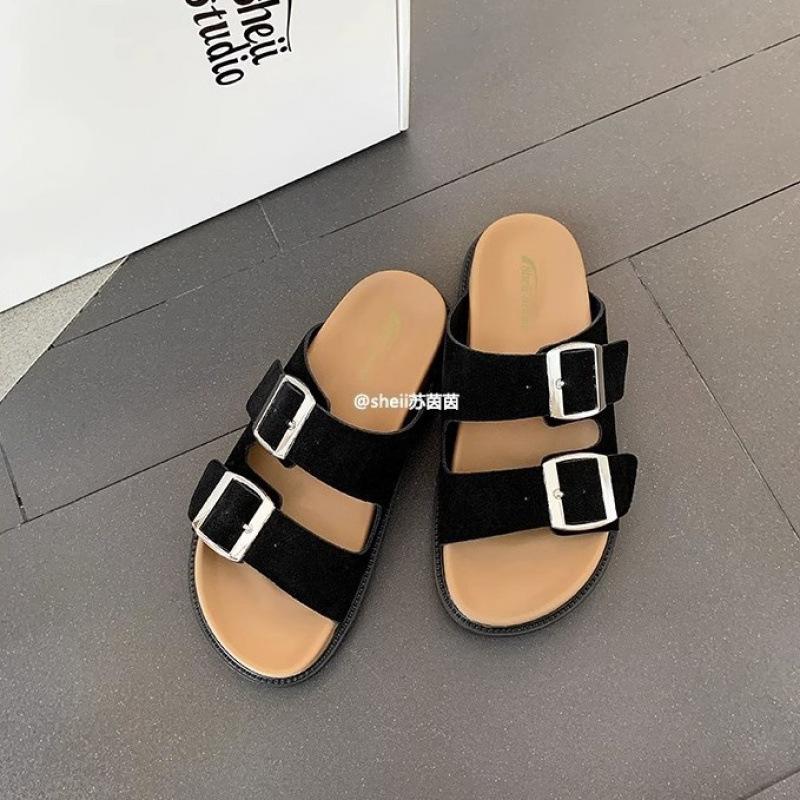 Shoes leather retro platform double buckle with slippers women's sandals outside summer