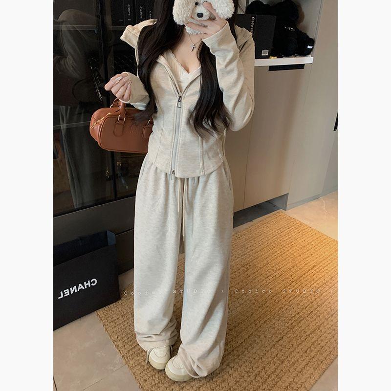 Kumikumi Idle Style Set Loose Hood Long sleeve Outerwear Women Autumn All-Match Drape Casual Pants Two-piece Set