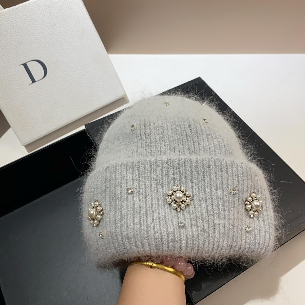 Palace Rhinestone Rabbit Fur Knitted Hat Princess Sweet Celebrity Xiaoxiangfeng Warm Ear Protection Wool Hat
