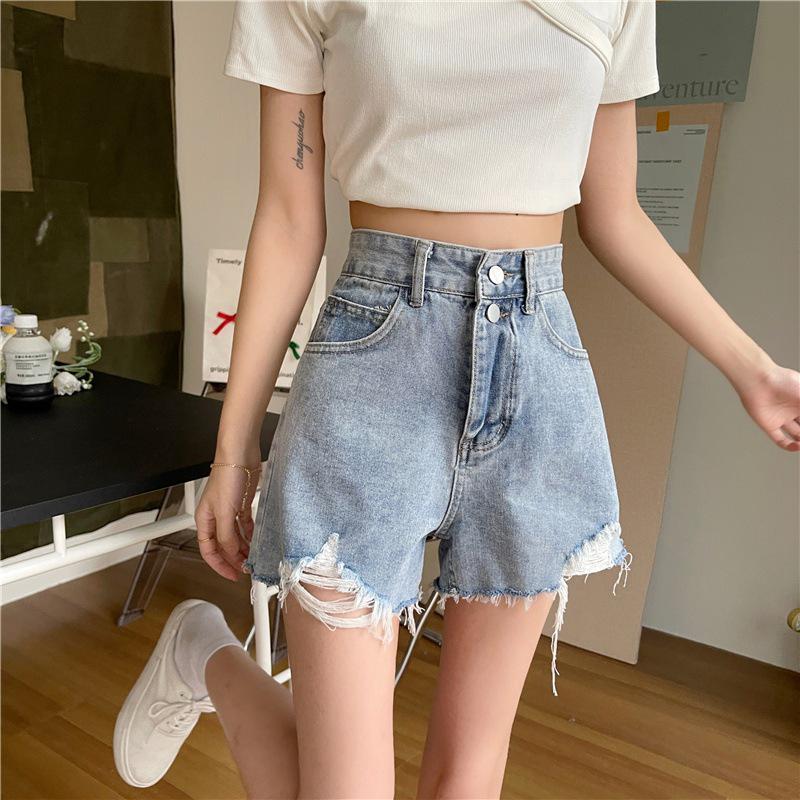 Korean Style High Waist Ripped Denim Shorts - Button-Up, Loose A-Line, Trendy Summer Fit for Women
