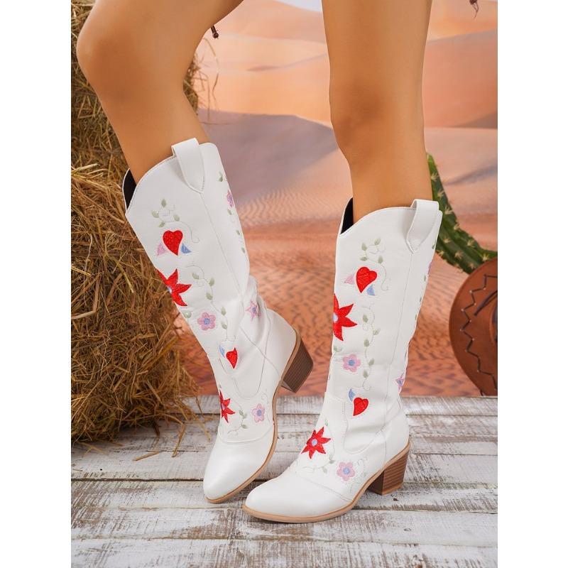 Autumn new European and American style mid-heel embroidered high boots women's large size embroidered thick heel leather knight cowboy boots