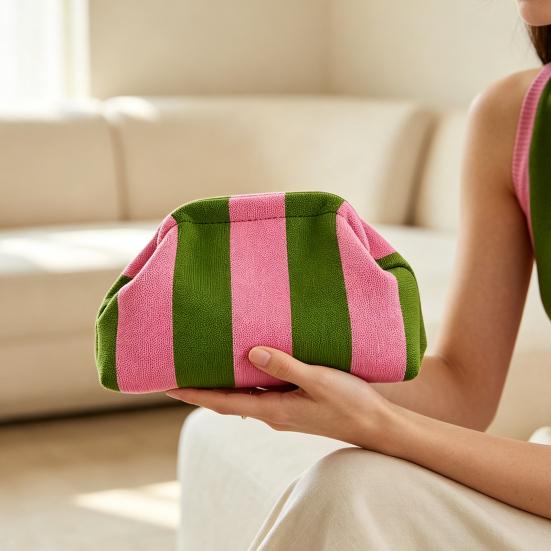 Lightweight Vacation Bag Women Woven Striped Clutch Purse, Large Capacity Kiss Lock Travel Makeup Organizer Cosmetic Pouch, Summer Beach Evening