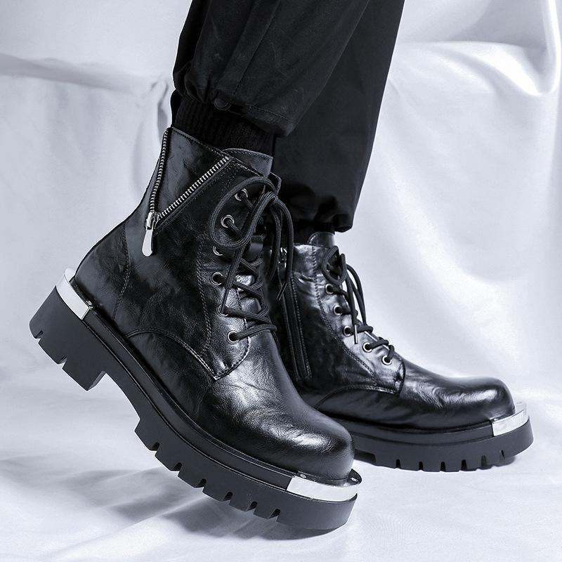 Mens Fashion Platform Boots Black Trendy Original Leather Shoes Stage Nightclub Dress Cowboy High Boot Long Motorcycle Botas Man
